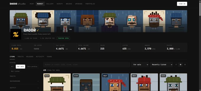 A screenshot of a pixel art marketplace on 'BADDR studio' displaying various character NFTs, showing a floor price of 0.015 ETH, top bid of 4.6671 ETH, and 635 listings.