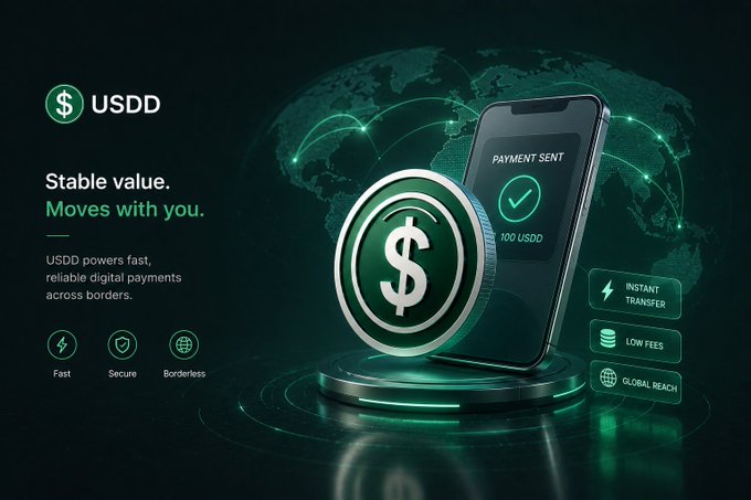 A promotional advertisement for USDD stablecoin featuring a smartphone displaying 'PAYMENT SENT' with '100 USDD', highlighting features like 'Instant Transfer', 'Low Fees', 'Global Reach', 'Fast', 'Secure', and 'Borderless' against a dark green globe background.