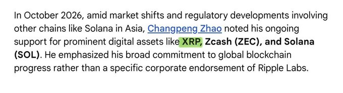 **Caption:** A news snippet from October 2026 reporting that Changpeng Zhao (CZ) publicly voiced his support for digital assets including XRP, Zcash (ZEC), and Solana (SOL), framing it as a commitment to global blockchain adoption rather than a corporate endorsement of Ripple Labs.