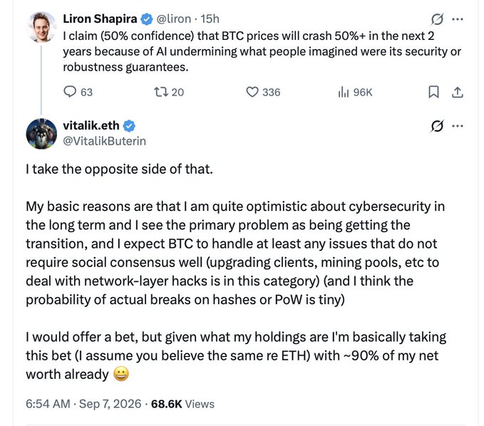 A Twitter/X exchange where Liron Shapira predicts BTC will crash 50%+ in two years due to AI, and Vitalik Buterin replies taking the opposite side, stating he's already implicitly betting with ~90% of his net worth.