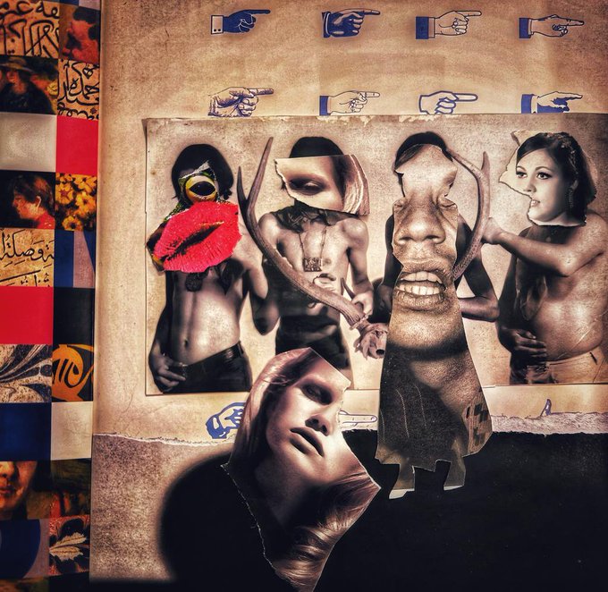 A surreal mixed-media collage artwork featuring fragmented figures with distorted faces, pointing hands at the top, red lips, and various photographic elements layered over a textured background.