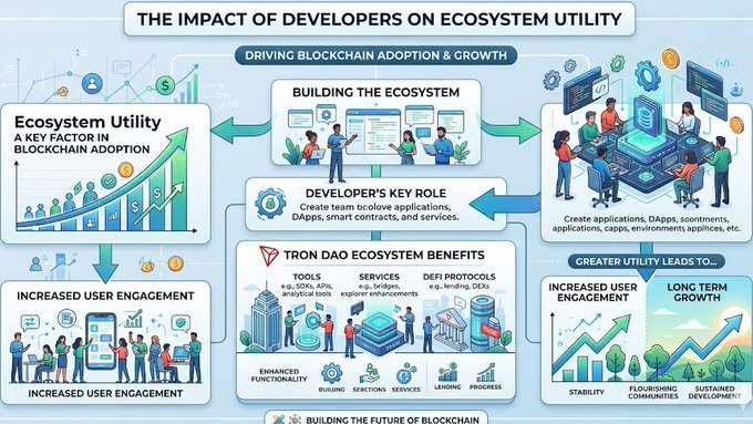 The image features a flowchart or diagram illustrating the development process of a blockchain platform called "TRON DAO", which focuses on ecosystem utility. The key elements of this diagram include various stages of development, including increased user engagement through social media marketing, implementing a project management tool for better collaboration among users, building the ecosystem from scratch and developing a comprehensive list of ecosystem benefits to showcase its value proposition. The image also highlights the importance of "Developer's Key Role" in making this blockchain platform successful in delivering ecosystem utility.