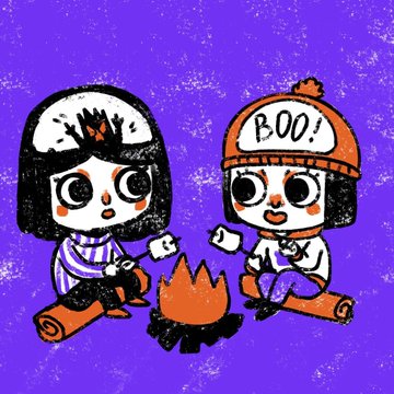 A cartoon illustration of two characters roasting marshmallows by a campfire against a purple background; one wears a beanie labeled 'B.O.O!'