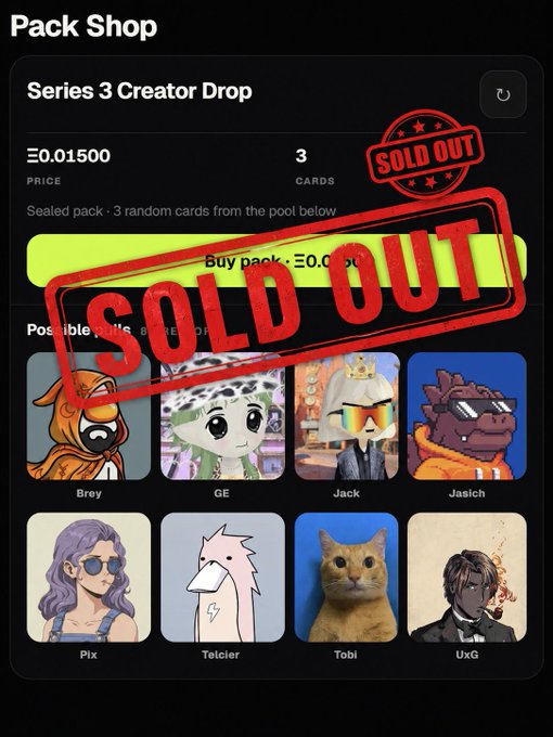A screenshot from a 'Pack Shop' showing a 'Series 3 Creator Drop' that is marked 'SOLD OUT' with a large red stamp overlay, featuring a grid of possible card drops including characters named Brey, GE, Jack, Jasich, Pix, Teicier, Tobi, and UxG.