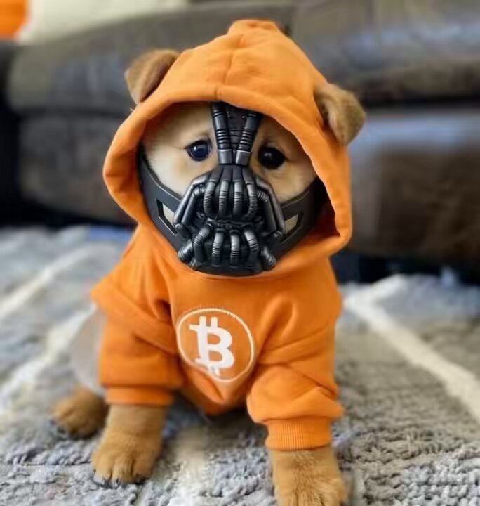 The image features a small dog wearing an orange hoodie with a black mask over its eyes, giving it a unique appearance reminiscent of a character from the movie "Bane." The dog's face is partially obscured by the mask, adding to its distinctive look. The background includes a couch and a chair, suggesting that this scene takes place in a living room or similar indoor setting.
