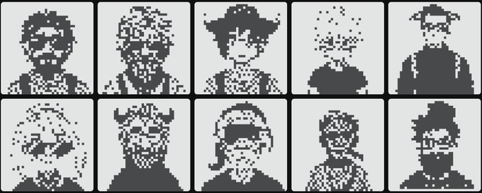 A grid of ten pixelated black-and-white portrait icons depicting various stylized character faces, resembling retro video game character sprites.