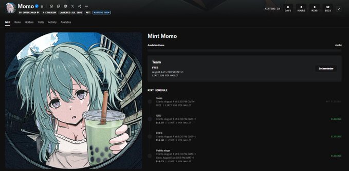 A dark-themed webpage for 'Mint Momo' on the Momo cryptocurrency platform displays an anime-style character drinking bubble tea next to schedule information for tokens like TEAM, KEYS, and WSTN, along with their ETH wallet addresses.
