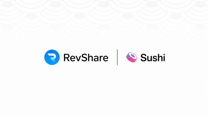 A minimalist white graphic with a subtle wave pattern displaying the logos and names 'RevShare' and 'Sushi' side by side.