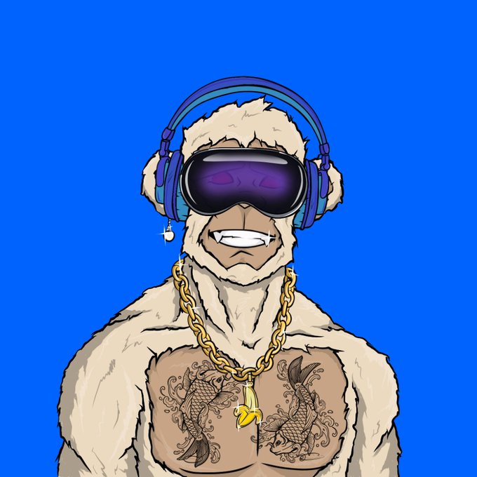 A cartoon character combining a muscular tattooed chest with a furry ape head wearing purple VR goggles, headphones, and a gold chain against a solid blue background.