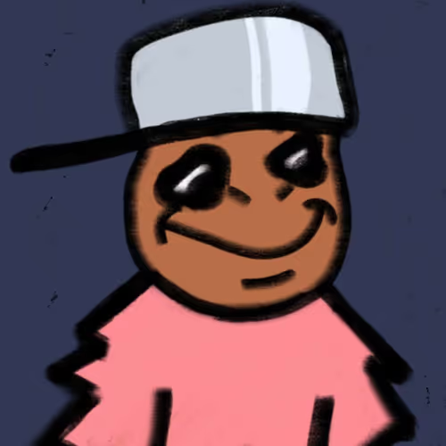 A cartoon-style drawing of a brown figure wearing a white backwards cap and pink shirt, featuring a mischievous grin and shiny black eyes against a dark blue background.