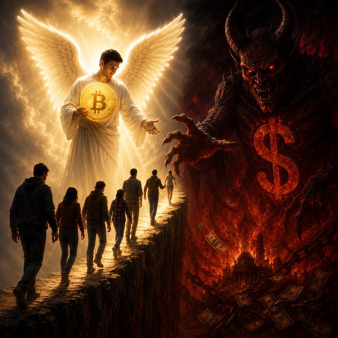 A symbolic illustration depicting a moral crossroads: an angel holding a Bitcoin symbol guides people toward heaven on the left, while a red-eyed demon with a dollar sign tempts them toward a fiery hell on the right.