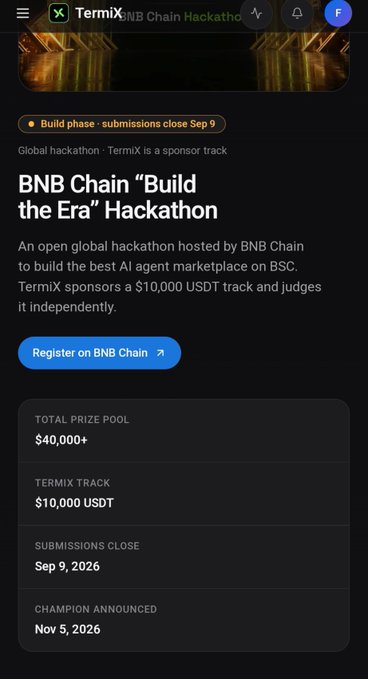 Mobile webpage for the BNB Chain 'Build the Era' Hackathon sponsored by TermiX, featuring a $40,000+ total prize pool, $10,000 USDT TermiX track, with submissions closing Sep 9, 2026 and champion announced Nov 5, 2026.