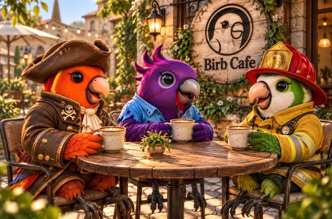 Three colorful parrots dressed as a pirate, a casual patron, and a firefighter sit around a small round table holding coffee mugs in front of a sign that reads "Birb Cafe."