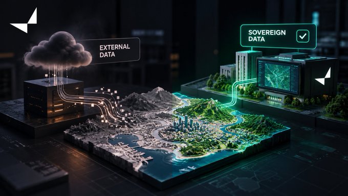 A digital illustration showing a landscape model split between "EXTERNAL DATA" on the left and "SOVEREIGN DATA" on the right, connected by glowing lines.