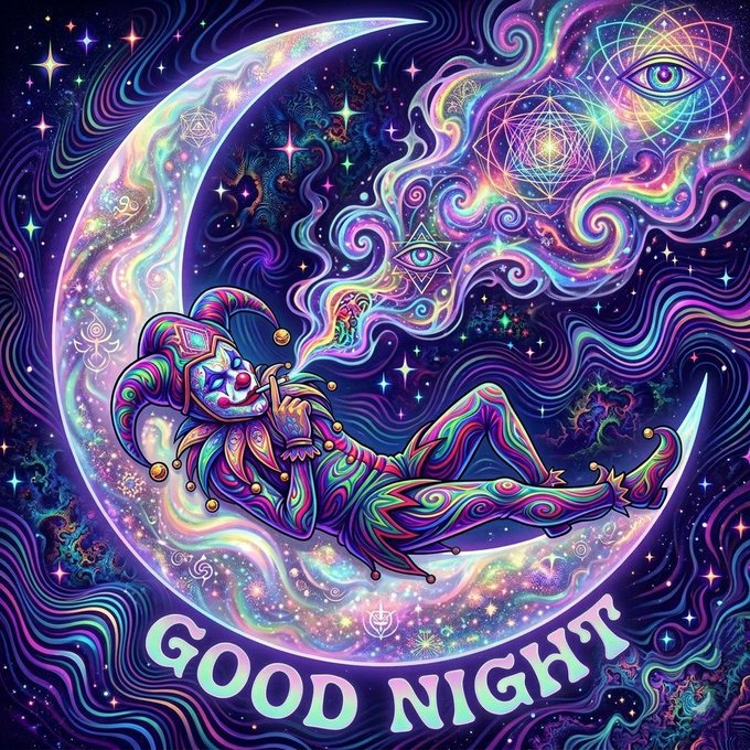 A psychedelic 'Good Night' illustration featuring a colorful jester reclining on a crescent moon surrounded by cosmic swirls, stars, and mystical symbols like the all-seeing eye and geometric mandalas.
