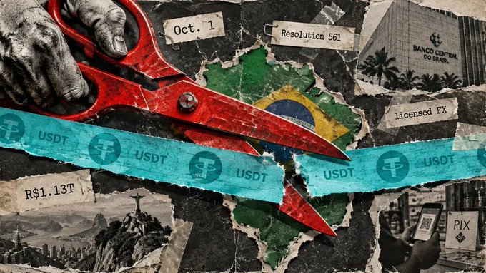 A collage-style graphic featuring scissors cutting a strip of USDT, overlaid on the Brazilian flag with references to 'Oct. 1', 'Resolution 561', 'licensed FX', 'R$1.13T', Banco Central do Brasil, and PIX.