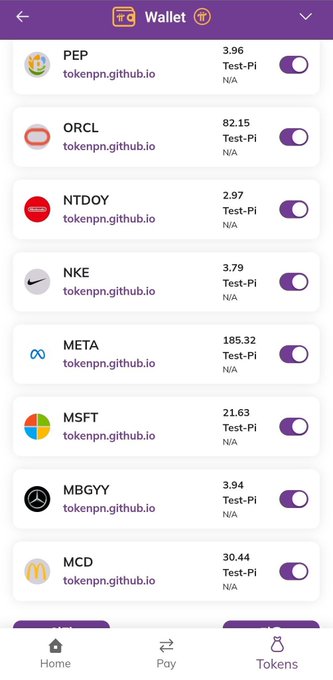 A mobile wallet app interface listing various stocks with prices and toggles, including tickers PEP (3.96), ORCL (82.15), NTDOY (2.97), NKE (3.79), META (185.32), MSFT (21.63), MBGYY (3.94), and MCD (30.44), all from tokenpn.github.io.
