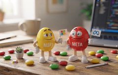 M&M's candy characters labeled 'M&M'S' and 'META' stand on a desk next to a laptop, with scattered M&M's candies around them.