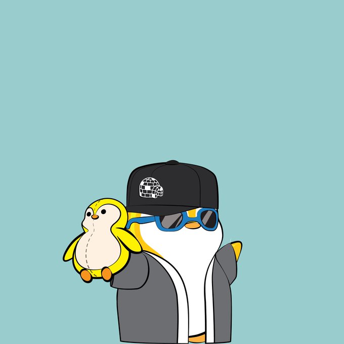 A minimalist cartoon illustration of a cool-looking bird character wearing a black 'BAPE' logo cap and blue sunglasses, holding a small yellow chick against a solid light blue background.