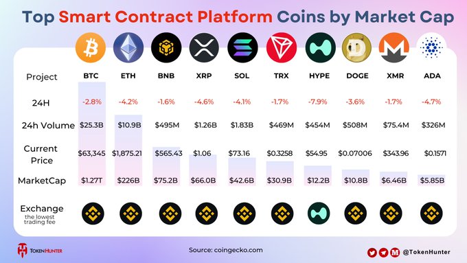 A chart titled 'Top Smart Contract Platform Coins by Market Cap' from TokenHunter showing BTC, ETH, BNB, XRP, SOL, TRX, HYPE, DOGE, XMR, and ADA with their 24H change, volume, price, and market cap data sourced from coingecko.com.