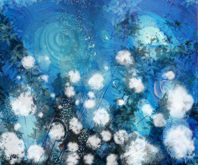 A dreamy, impressionistic painting of dandelion seed heads against a swirling blue night sky with stars.