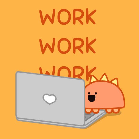 The image features a cartoon dinosaur peeking out from behind an open laptop computer, which has a heart sticker on its keyboard. The background of the image is orange, and there are words written above the dinosaur that say "work", "work", and "work".