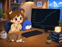 An animated chibi-style character with bear ears sitting at a computer desk with a cat, a blue bird, and a monitor displaying a green rising chart.