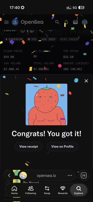 A screenshot of the OpenSea app showing a successful NFT purchase confirmation that reads 'Congrats! You got it!' for a tomato-character artwork, with stats like 'FLOOR PRICE $24.98' and '24H VOLUME $7,666.41' visible.