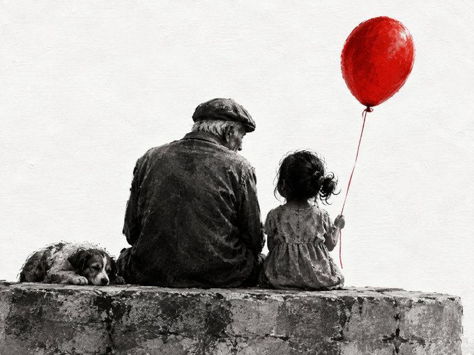 A black-and-white painting depicts an older man in a cap, a young girl holding a bright red balloon, and a sleeping dog sitting together on a stone ledge, viewed from behind.