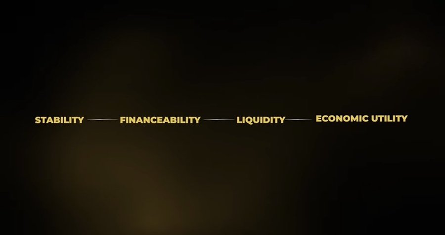 A dark screen displaying four financial terms in gold text: 'STABILITY — FINANCEABILITY — LIQUIDITY — ECONOMIC UTILITY'.