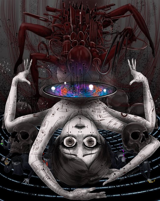 A surreal, dark digital illustration depicting a pale, multi-armed humanoid figure with mechanical markings, floating above skulls and small figures, topped with a grotesque red mechanical cephalopod-like structure dripping into a glowing disc.