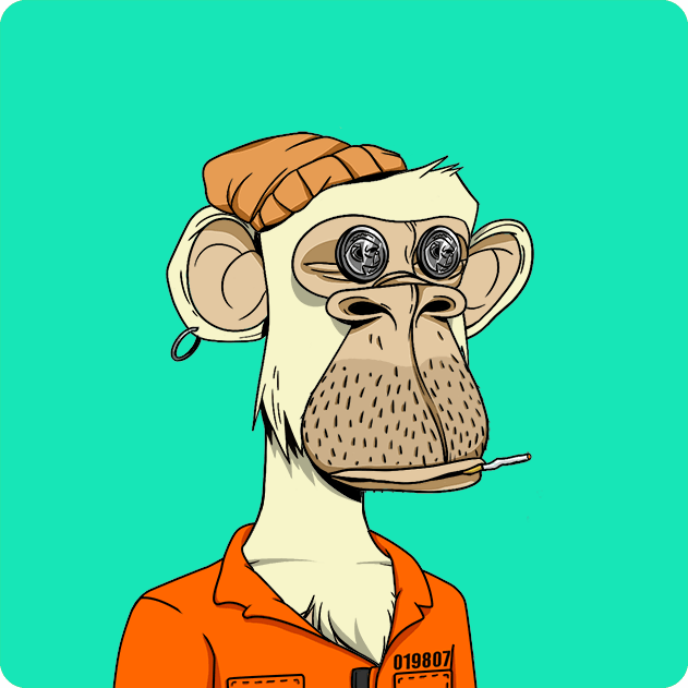 A cartoon NFT-style illustration of a bored monkey wearing an orange beanie, goggles with BAYC logos, a hoop earring, and an orange prison jumpsuit numbered 019807.