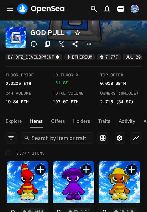 A screenshot of the OpenSea NFT marketplace showing the 'GOD PULL' collection with a floor price of 0.0205 ETH, 24H volume of 19.84 ETH, and total volume of 197.07 ETH, displaying colorful cartoon character NFTs.