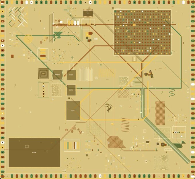 An abstract geometric artwork featuring various shapes, grids, lines, and dotted patterns in earthy tones of green, brown, beige, and yellow.