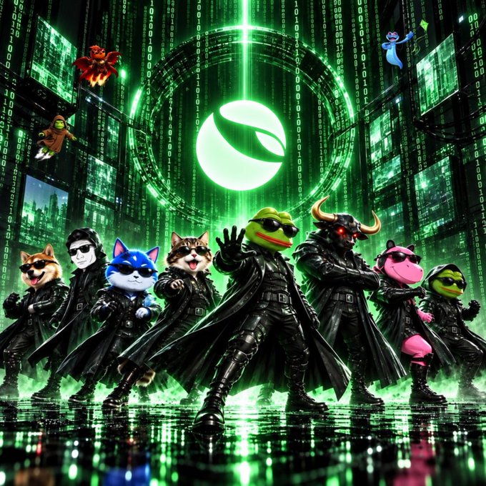 A digital artwork of various internet meme characters (including Doge, Pepe the Frog, Shiba Inu, and others) dressed in black leather Matrix-style trench coats against a green binary code background.