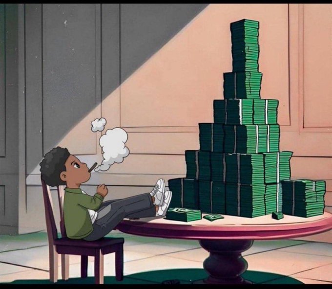 A person relaxes at a table beside a towering pyramid of cash stacks, symbolizing a hopeful bet on financial success. It reflects the post’s optimistic “GM Fellow believers. Wagmi, soon!” outlook.
