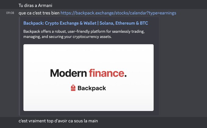 A Discord message sharing a link to backpack.exchange with a preview card reading 'Backpack: Crypto Exchange & Wallet | Solana, Ethereum & BTC' and the tagline 'Modern finance.'