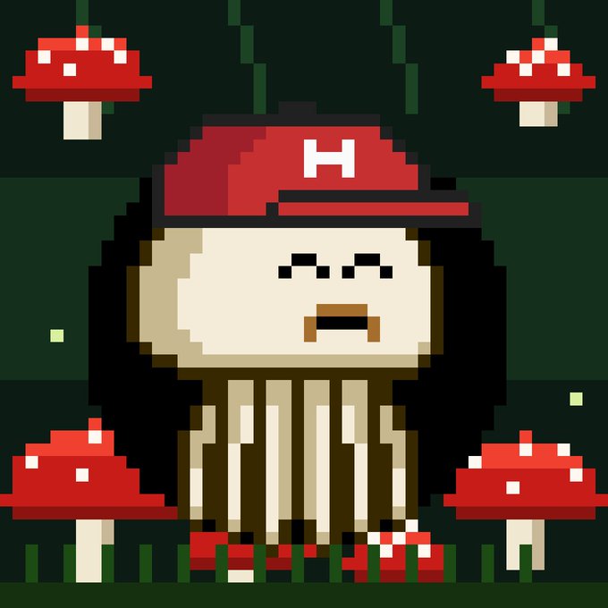 A pixel art illustration of a grumpy-looking mushroom character wearing a red cap with an 'H' on it, surrounded by smaller red and white mushrooms in a dark green forest setting.