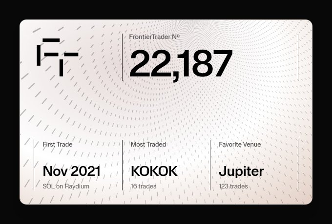 A digital card for 'FrontierTrader №22,187' showing 'First Trade Nov 2021', 'Most Traded KOKOK (16 trades)', and 'Favorite Venue Jupiter (123 trades)'.