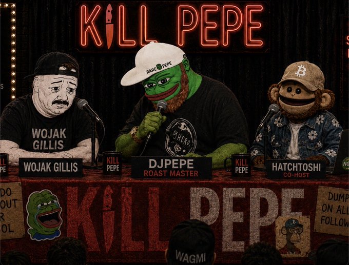 A meme-style image depicting Wojak Gillis, DJPepe the Roast Master, and Hatchtoshi the Co-host at a 'KILL PEPE' panel, with signs reading 'WAGMI' and 'DUMP ON ALL FOLLOWERS'.