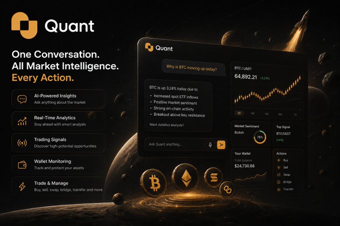 A promotional graphic for **Quant** featuring the tagline "One Conversation. All Market Intelligence. Every Action," showcasing an AI-powered crypto dashboard interface displaying BTC/USDT at $64,892.21 (+3.24%), bullish market sentiment (78%), wallet balance of $24,730.68, and action options (Buy, Sell, Swap, Bridge, Transfer), visually reinforcing the post's message of conversational AI-driven market analysis and trading.