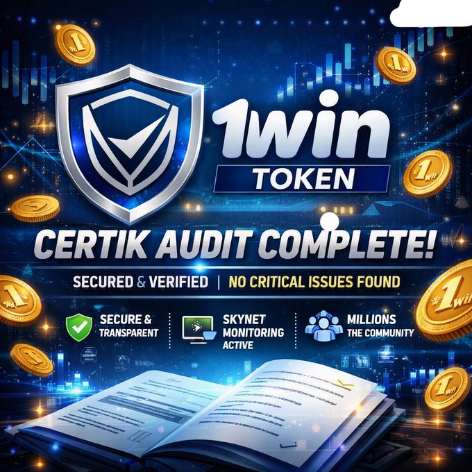 A promotional graphic for 1win Token announces that its CertiK audit is complete, featuring the "1win TOKEN" logo alongside a security shield and the bold text "CERTIK AUDIT COMPLETE! SECURED & VERIFIED | NO CRITICAL ISSUES FOUND," with supporting badges for transparency, Skynet monitoring, and community size above an open book—visually reinforcing the post's celebration of the milestone and the project's emphasis on security and trust.