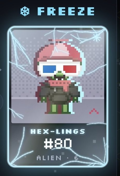 A digital trading card titled 'FREEZE' features a pixel art character wearing red and blue 3D glasses and a pink hat, labeled 'HEX-LINGS #80 ALIEN' on a frozen background.