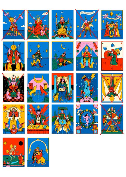 A grid of illustrated tarot-style cards from the Major Arcana, showing figures like The Emperor, The Lovers, The Chariot, The Tower, and The Wheel of Fortune in vibrant colors. Several cards are crossed out with red X marks, while others remain unmarked.