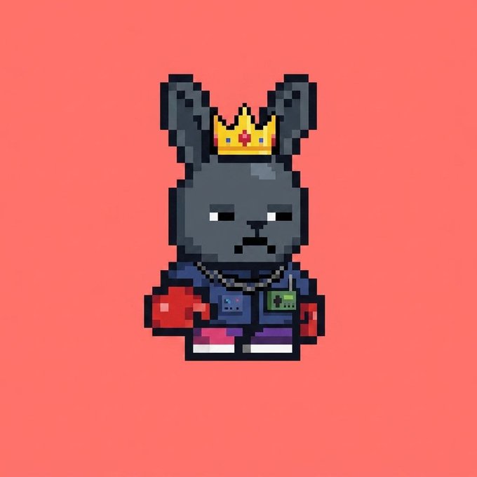 A pixel-art style illustration depicts a gray mouse or rat character wearing a yellow crown with red jewels, a chain necklace, and holding a red object, set against a solid pink background.