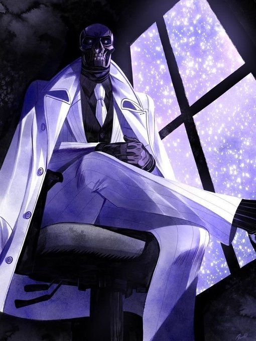 An anime/manga style illustration of a skeletal figure in a white suit and tie sitting in a chair, backlit by a large window showing a sparkling purple and white background.