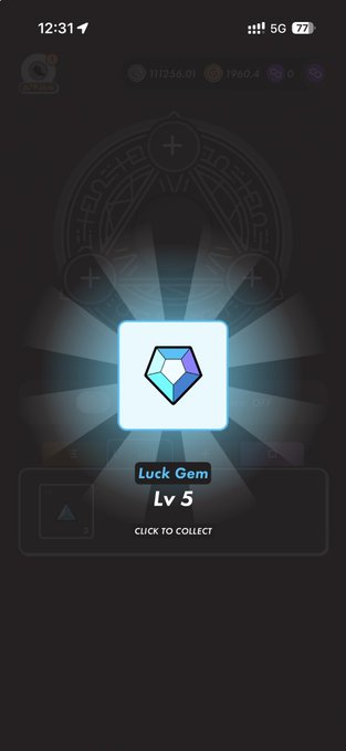 A mobile game screenshot showing a 'Luck Gem' reward notification at Level 5 with a 'CLICK TO COLLECT' button, displayed against a dark background with religious-style iconography.