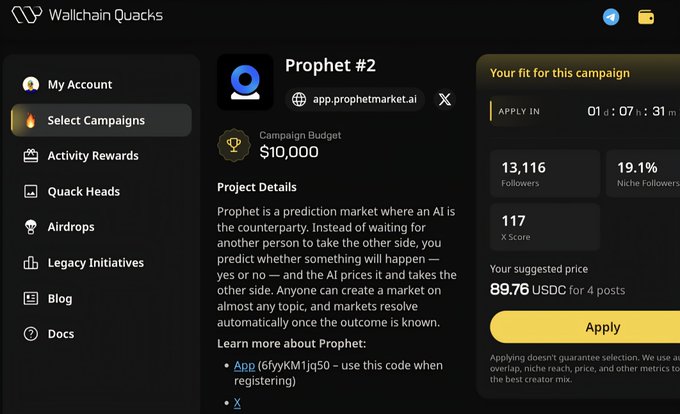 A screenshot of Wallchain Quacks showing a campaign page for 'Prophet #2' from app.prophetmarket.ai with a $10,000 budget, 13,116 followers, and an 'Apply' button with a suggested price of 89.76 USDC.