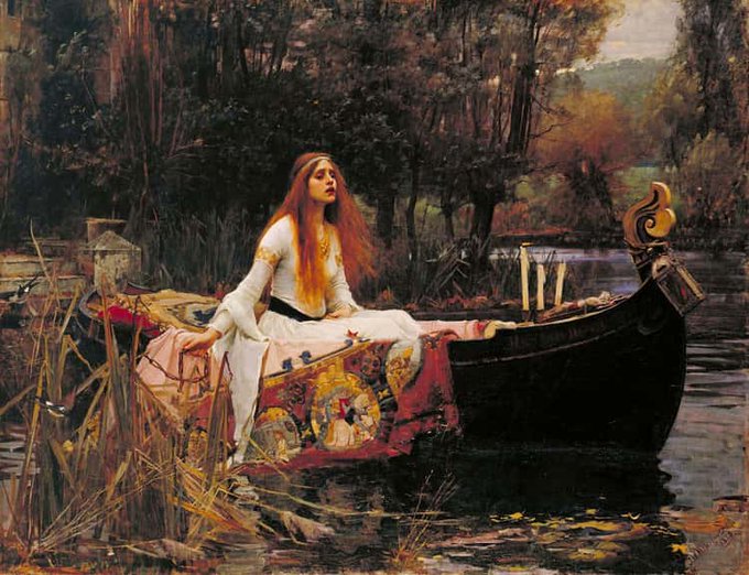 A pre-Raphaelite painting depicts a long-haired woman in a white gown seated in an ornately decorated boat drifting on a tranquil river, surrounded by autumnal trees. The melancholic, ethereal scene evokes a mythic or fairytale atmosphere—a fitting visual companion to a "Gm" post, setting a contemplative, timeless mood for the day's greeting.