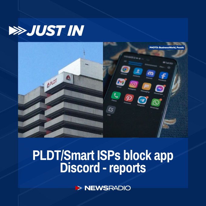 A news graphic titled 'JUST IN' from Newsradio reports 'PLDT/Smart ISPs block app Discord - reports', showing a PLDT building and a smartphone screen with various app icons.